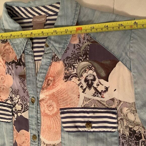 Chico’s Women’s Chambray Multicolor Button Down Long Sleeve Top Shirt Size 1/S - Picture 3 of 8
